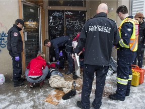 The Vancouver Fire Department’s medical unit responds to an unresponsive man after he injected a drug in the Downtown Eastside one day last week. In the first 10 months of 2016, 622 people died of illicit-drug overdose in B.C.