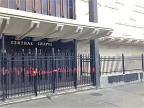 Vandals spray painted the wall outside Central Baptist Church. TIMES COLONIST