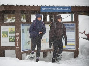 Snowshoers encountered heavy snow and fog on Cypress Mountain on Thursday. Two snowshoers remain missing in the area, where the avalanche risk is currently high.