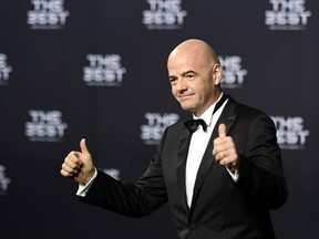 FIFA President, Gianni Infantino, poses for a photo on the green carpet while arriving for the The Best FIFA Football Awards 2016 ceremony in Zurich, Switzerland, Monday, Jan. 9, 2017. (Walter Bieri/Keystone via AP)