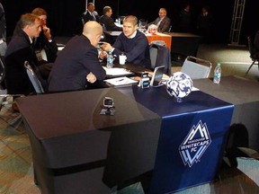 The Vancouver Whitecaps draft table is seen at the MLS SuperDraft in Los Angeles on Friday, Jan. 13, 2017. THE CANADIAN PRESS/Neil Davidson
