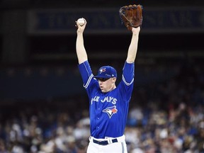 Toronto Blue Jays starting pitcher Aaron Sanchez stretches on the mound against the Cleveland Indians during second inning, game four American League Championship Series baseball action in Toronto on October 18, 2016. Aaron Sanchez looks forward to his freedom on the mound in 2017. An innings limit, workload reduction and extra rest between starts -- all phrases the Toronto Blue Jays&#039; prized pitching phenom dealt with last season -- are in the past. At least he hopes so. THE CANADIAN PRESS/Natha