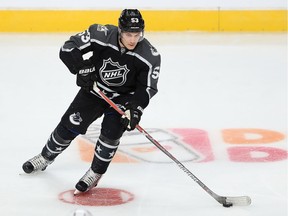 Bo Horvat of the Vancouver Canucks handles the puck against the Metropolitan Division all-stars during the NHL tournament final between the Pacific Division and the Metropolitan Division at the Staples Center on Jan. 29 in Los Angeles.