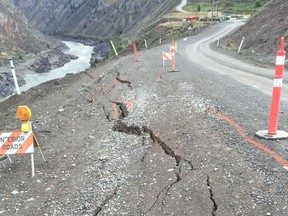 The Ten Mile Slide section of Highway 99 north of Lillooet has been restricted to single-lane alternating traffic since last fall due to road deterioration.