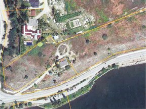 Aerial view of a 2.4-hectare site at the high-profile corner of Gellatly Road and Boucherie Road in West Kelowna (delineated by a yellow line) that overlooks Okanagan Lake.