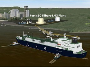 Artist rendering of US-based WesPac Midstream's planned terminal to  load LNG from expanded Fortis facility at Tilbury in Delta and ship   the product down Fraser River to local and overseas markets.