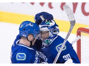 Vancouver Canucks' Bo Horvat, left, and goalie Ryan Miller celebrate the team's 1-0 shutout win over the Nashville Predators during an NHL hockey game in Vancouver, B.C., on Tuesday January 17, 2017.