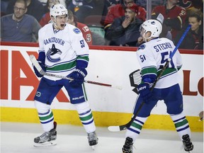 Vancouver Canucks' Bo Horvat, left, celebrates his goal with teammate Troy Stecher during second period NHL hockey action against the Calgary Flames, in Calgary on Saturday, Jan. 7, 2017.