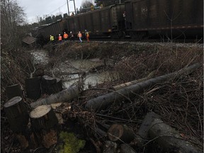 Emergency crews check a Canadian Pacific Railway train that derailed and spilled three carloads of coal into a stream at Burnaby on Jan. 11, 2014.