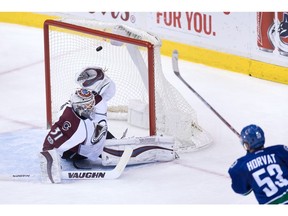 Vancouver Canucks' Bo Horvat, right, scores against Colorado Avalanche goalie Calvin Pickard during the second period of an NHL hockey game in Vancouver, B.C., on Monday January 2, 2017.