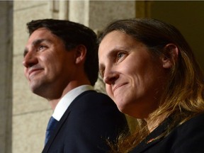 Prime Minister Justin Trudeau talks alongside Chrystia Freeland at a press conference on Parliament Hill in Ottawa on Tuesday, Jan 10, 2017, after she was sworn in as Minister of Foreign Affairs during a cabinet shuffle at Rideau Hall.