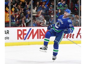 Sven Baertschi #47 of the Vancouver Canucks celebrates his goal during the NHL game between the Colorado Avalanche and the Vancouver Canucks at Rogers Arena January 2, 2017 in Vancouver, British Columbia, Canada.