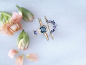 Coloured gemstones such as Morganite and Tanzanite are proving popular options for engagement rings. The Frida ring in Tanzanite and London-Blue Topaz (at left), $140, and the Rainbow Ring, $120, with Tanzanite are set in gold-plated sterling silver by Vancouver-based jewelry designer Leah Alexandra.