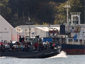 The MV Sun Sea cargo ship is docked at CFB Esquimalt in Victoria, B.C., on Aug. 17, 2010, after being intercepted at sea with hundreds of refugees on board.