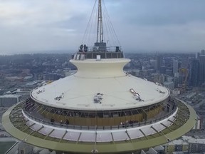 The view from the drone as it moved towards the top of the Space Needle in Seattle.