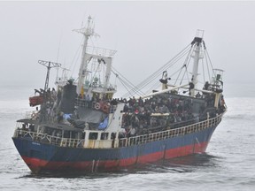The MV Sun Sea carrying 492 Tamil women, children and men landed in B.C. in August 2010, after a treacherous, three-month journey. — Canadian Forces files