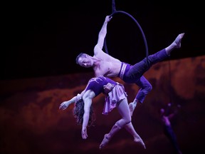 Husband-and-wife aerialists Nicolo Kehrwald (top) and Jacki Ward Kehrwald (bottom) get to perform together at Odysseo.