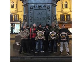 Hells Angel Damion Ryan blurred his face when he posted this shot with unidentified Hells Angels friends in Europe on his instagram account.  Source: Instagram: