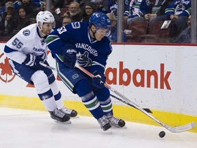 Bo Horvat keeps the puck from Tampa Bay's Braydon Coburn during a December game at Rogers Arena.