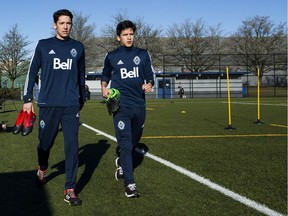 David Norman Jr. and Thomas Gardner at UBC for the first day of Whitecaps 2017 pre-season training, Jan. 23, 2017. [PNG Merlin Archive]