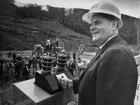 Premier W.A.C. Bennett was a natural at big political events, such as this one where he dons a hardhat for a ceremony marking the construction of the Peace River Power Dam in July 1964.