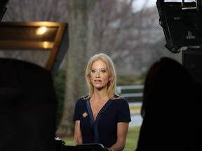 Kellyanne Conway during the filming of This Week on Sunday, where she used the term "alternative facts" to describe untrue information given by President Donald Trump's press secretary Sean Spicer.