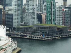 Aerial view of the Vancouver Convention Centre in downtown Vancouver.