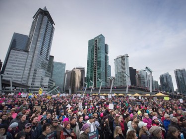 Thousands of people gather for a women's march and protest against U.S. President Donald Trump, in Vancouver, B.C., on Saturday January 21, 2017. Protests are being held across Canada today in support of the Women's March on Washington.