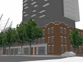 The front of a proposed 30-storey residential, hotel and commercial complex for 118 and 150 Robson St., adjacent to the Terry Fox Plaza downtown. Included in Amacon’s early plans is the restoration and preservation of the Northern Electric Company building facade (the brick structure in the foreground).