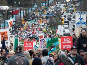 Thousands of people march during a protest against the Kinder Morgan Trans Mountain Pipeline expansion in Vancouver last November. Further protests are inevitable now that the federal government has approved the project.