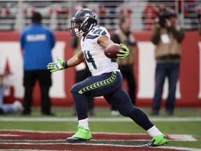 Thomas Rawls #34 of the Seattle Seahawks reacts after he ran in for a touchdown against the San Francisco 49ers at Levi's Stadium on January 1, 2017 in Santa Clara, California.