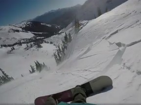 Snowboarder Tom Oye gets caught in an avalanche while his video camera is rolling near Whistler.