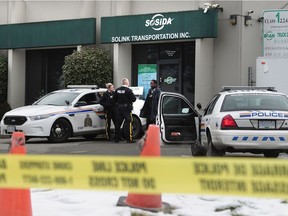 Richmond RCMP and the Integrated Homicide Investigation Team (IHIT) on the scene of a suspected homicide at the Boan Driving School at 3600 Viking Way in Richmond, B.C., January 16, 2017.