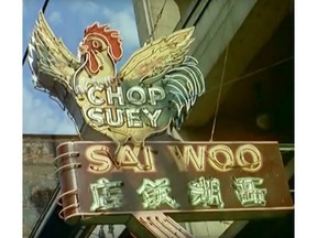 The lost neon sign for Sai Woo Chop Suey at 158 East Pender in Vancouver. From a 1958 short movie, Chinese Dragon Parade by British-Pathe.