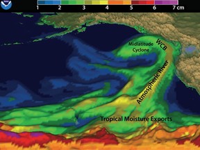 This depiction of an atmospheric river, interacting with West Coast mountains and a mid-latitude cyclone over the northeast Pacific on Feb. 5, 2015, provides an example of approximate locations of associated tropical moisture exports and a warm conveyor belt (WCB).