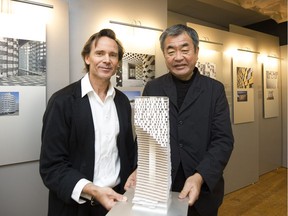 Elegance and style- Japanese architect Kengo Kuma (right) with developer Ian Gillespie and model for a 43-storey tower designed by the famous Japanese architect.