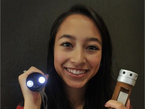 Ann Makosinski shows off her flashlight that's powered by body heat at Vancouver in August 2015.