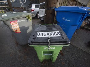 Garbage and recycling bins in Vancouver, BC. December 9, 2015.