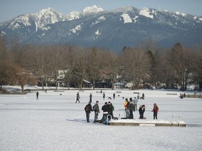 For the first time in 20 years, skating is allowed on Trout Lake in Vancouver, BC Thursday, January 5, 2017.  Prolonged cold temperatures have frozen the lake to a depth of 12 centimetres making it safe to lace up your skates and grab your hockey sticks to take part in a rare outdoor activity in Vancouver.