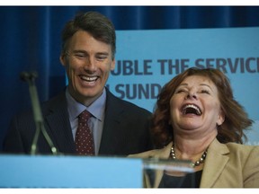 Three levels of government plus representatives from Translink, transit unions and stake holders took part in a press conference to announce further transit expansion and service improvements for the Lower Mainland, in Vancouver, BC Tuesday, January 17, 2017. Pictured is Gregor Robertson (left) mayor of Vancouver, and Linda Hepner (right) mayor of Surrey.