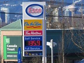 Gas price at 135.9 cents per litre at the Esso Station on Kingsway Avenue in Vancouver on Jan. 2, 2016. (Nick Procaylo/PNG)