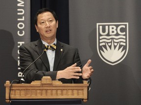 Santa Ono, shown speaking last June after being announced as the new president of UBC, issued an apology to former Vancouver Olympic CEO John Furlong on Tuesday over the cancellation of the latter’s scheduled Feb. 28 fundraising speech.