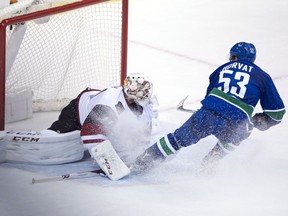 Vancouver Canucks centre Bo Horvat (53) scores on Arizona Coyotes goalie Mike Smith (41) during third period NHL action in Vancouver, B.C. Wednesday, Jan. 4, 2017.