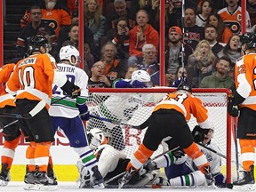 PHILADELPHIA, PA - JANUARY 12: Markus Granlund #60 of the Vancouver Canucks scores his second goal of the second period against the Philadelphia Flyers at Wells Fargo Center on January 12, 2017 in Philadelphia, Pennsylvania.