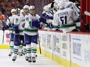 PHILADELPHIA, PA - JANUARY 12: Markus Granlund #60 of the Vancouver Canucks celebrates his second goal of the second period with teammates against the Philadelphia Flyers at Wells Fargo Center on January 12, 2017 in Philadelphia, Pennsylvania.