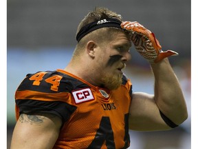 Adam Bighill warms up prior to playing the Toronto Argonauts in a regular season CFL football game in July, 2016.