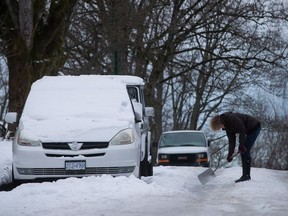 Snow is expected this week across Vancouver Island and B.C.'s South Coast. Are you prepared? A Vancouver resident works to shovel snow in this January 2017 file photo.