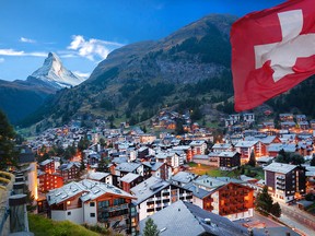 Famous Zermatt village with the peak of the Matterhorn in the Swiss Alps.