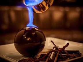 The fiery caramel chocolate dessert served at Morimoto.