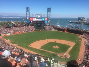 The view from the upper deck at San Francisco’s AT&T Park on a summer afternoon during baseball season.